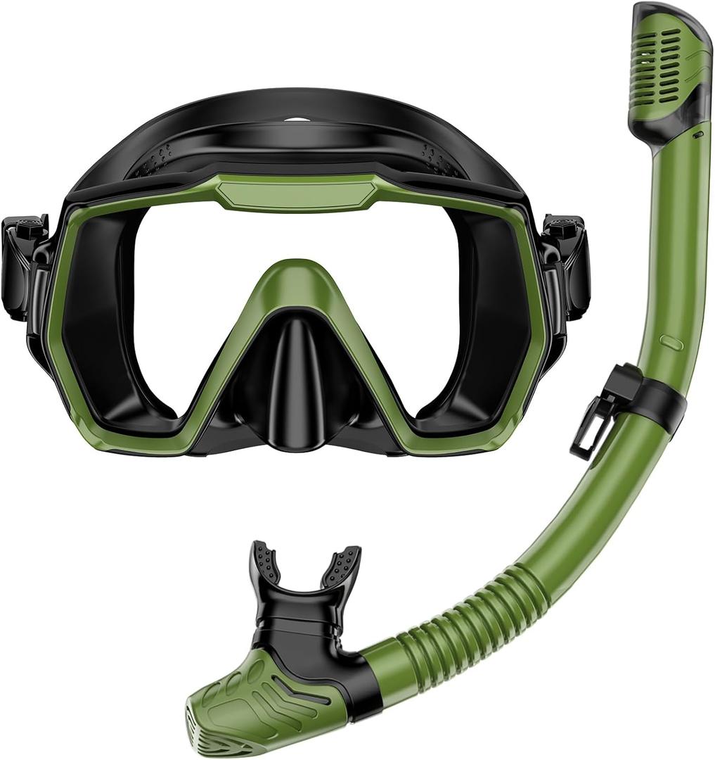 Snorkel Set Adults Snorkeling Gear Anti-Leak and Anti-Fog Tempered Glass Lens Panoramic View Swim Mask Dry Top Snorkel Kit for Snorkeling Scuba Diving Swimming Travel with Carry Bag (Army Green+Black)