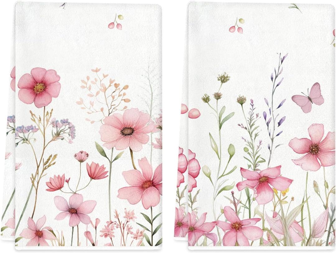 TAJWE Spring Kitchen Towels 18x26 Inch Set of 2 Pink Floral Flowers Dish Towels Farmhouse Summer Holiday Hand Cloths for Home Decoration