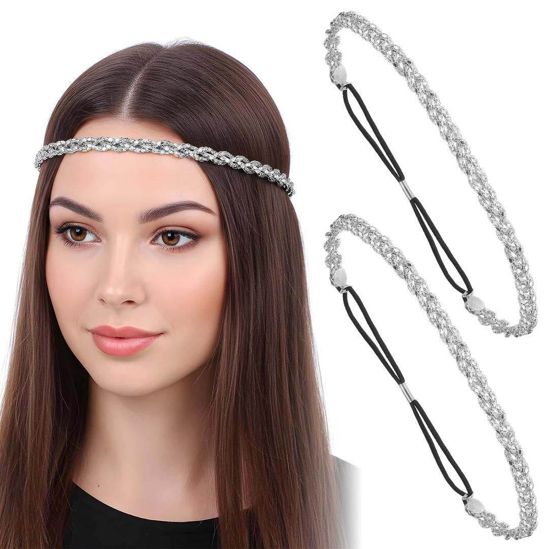 2 Pcs Elastic Rhinestone Headband Adjustable Silver Headband 70s Sparkly Metal Headbands Crystal Headpiece Women Hair Accessories for Women Wedding Prom Party Festival