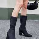 Juliet Holy Womens Mid-calf Boots Chunky Stacked Heel Square Toe Side Zipper Slip-on Suede Winter Booties (Black)