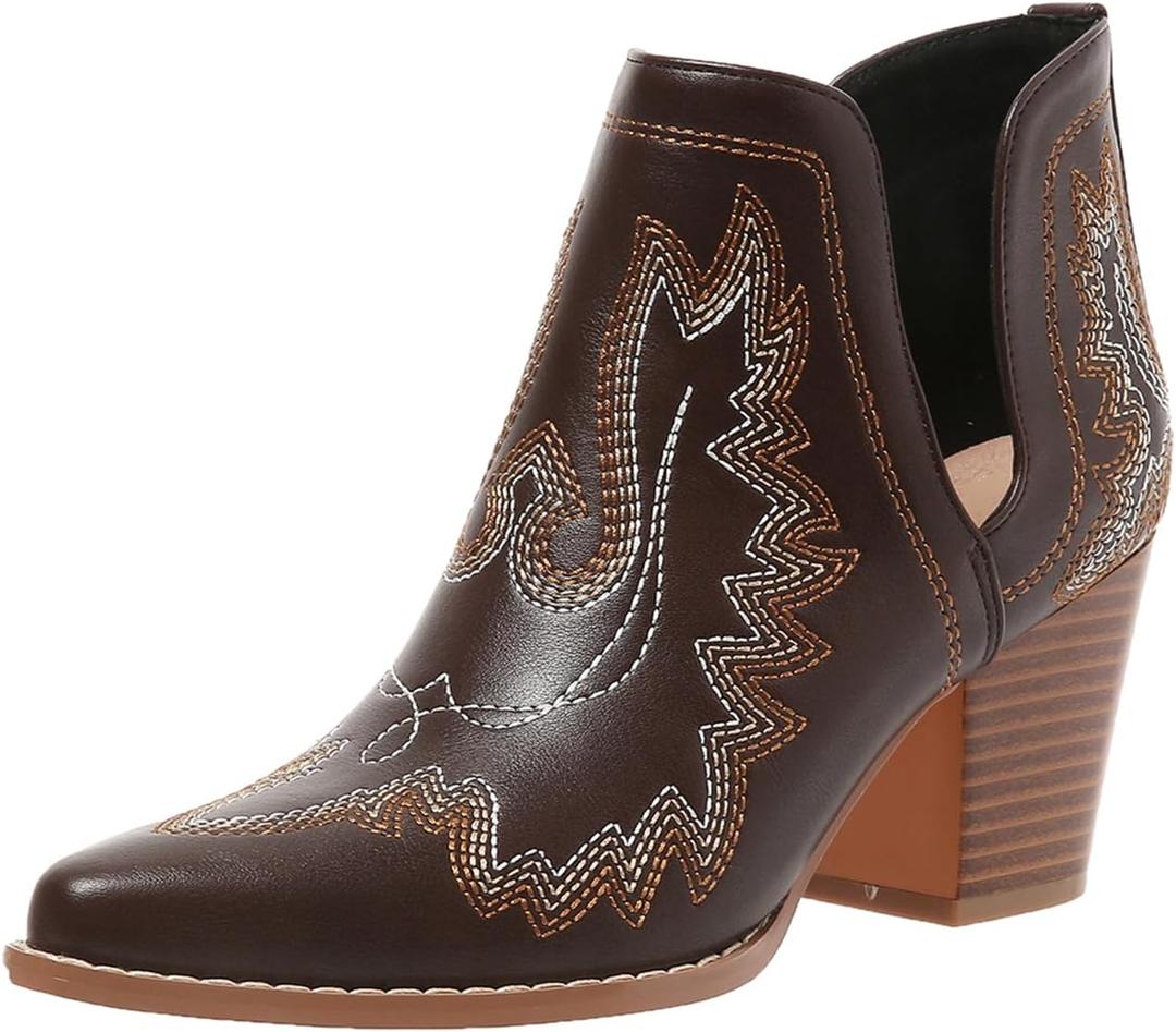 SelRoys Cowboy Boots for Women Cowgirl Ankle Western Embroidered Stitched Pointed Toe Cutout Chunky Heels Short Booties, Brown, (Size 9)