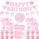 106 Pcs Pink Bow Party Decorations Cute Bow Coquette Supplies for Princess, Bridal Party with Pink Banner, Hanging Swirls, Cake and Cupcake Toppers, Balloons and Stickers(Birthday)