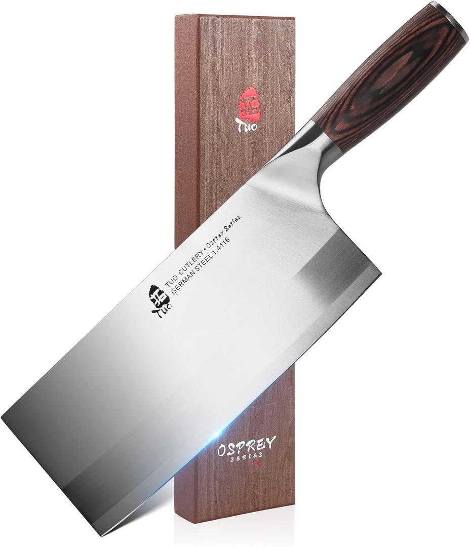 TUO Vegetable Meat Cleaver Knife 8 inch - Professional Chinese Cleaver Knife Butcher Knives Kitchen Chef Knives - German HC Stainless Steel - Ergonomic Pakkawood Handle - Osprey Series with Gift Box