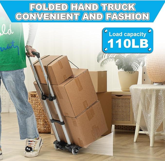 Small Folding Hand Truck Dolly with 2 Wheels, Lightweight Aluminum Foldable Luggage Cart, Collapsible Cart Portable Dolly for Airport Travel Moving Use, 