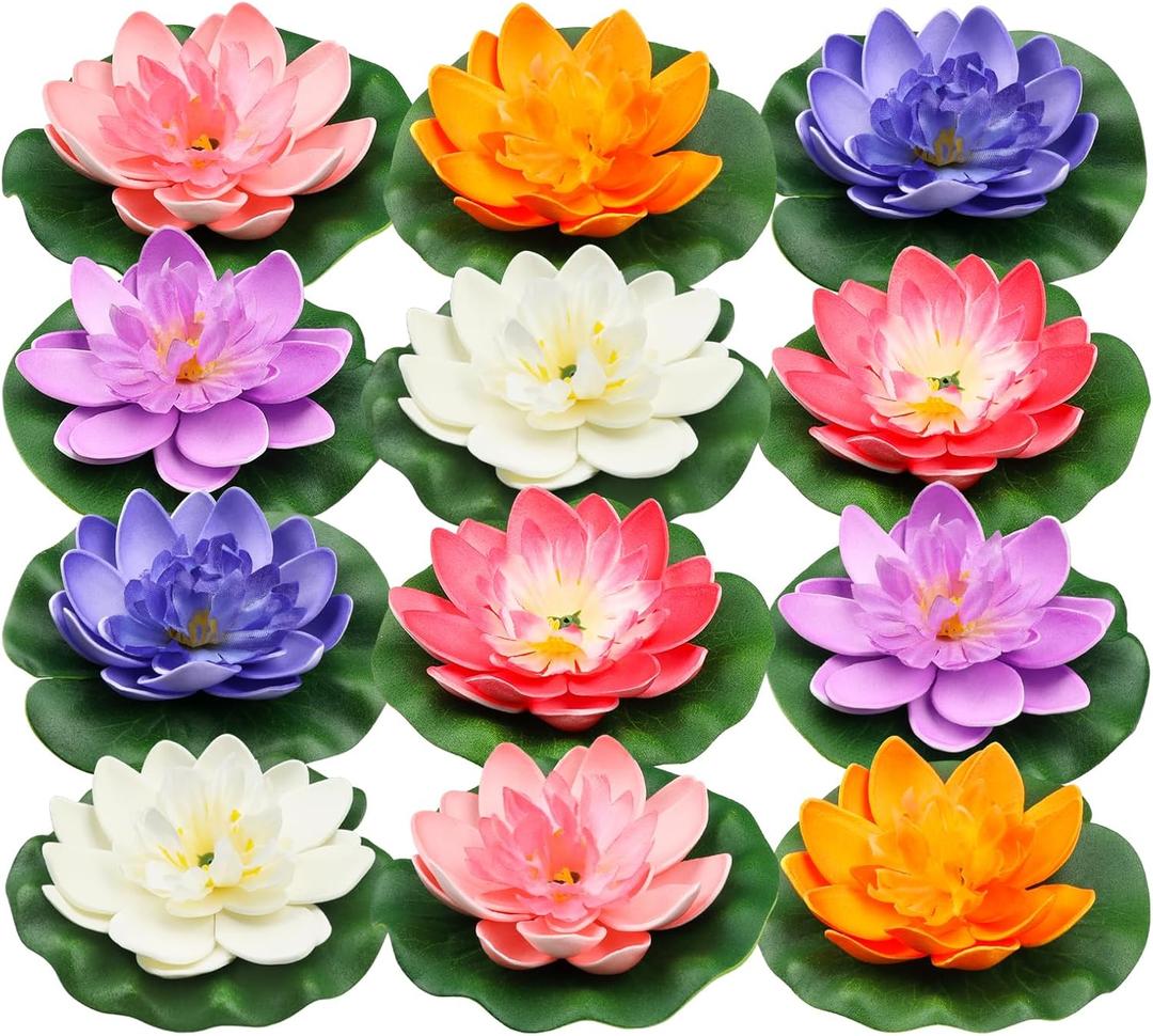 12pcs Floating Foam Lotus Flowers with Lily Pads, Artificial Pond Plants Ornaments for Pool Aquarium Water Decoration, Colorful (Multi Color)