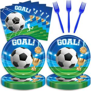 3 x 48Pcs Soccer Birthday Party Decorations for 16 Guests,Soccer Game Theme Party Plates and Napkins Forks for Kids Baby Shower Birthday Supplies Set (blue and green)