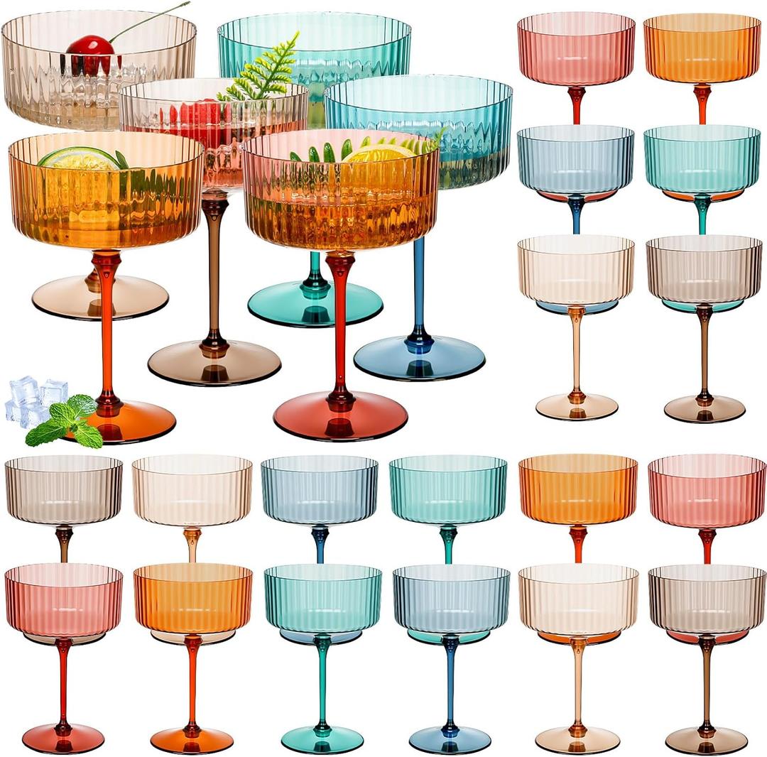 24 Pcs Ribbed Martini Glasses 10 oz Disposable Plastic Vintage Ribbed Coupe Glasses Unbreakable Dessert Parfait Glassware for Wedding Birthday Party Supplies (Classic Color)