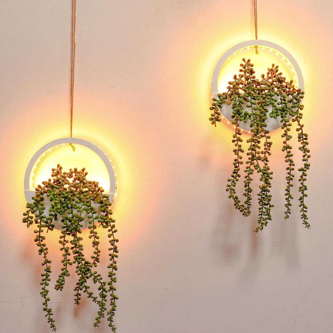 Comtelek 2pcs Artificial Hanging Plants with Lights Fake Succulents Plant in Pot Boho Wall Decor Fake String of Pearls with Lanyard for Bathroom Living Room Home Balcony Ceiling (White)