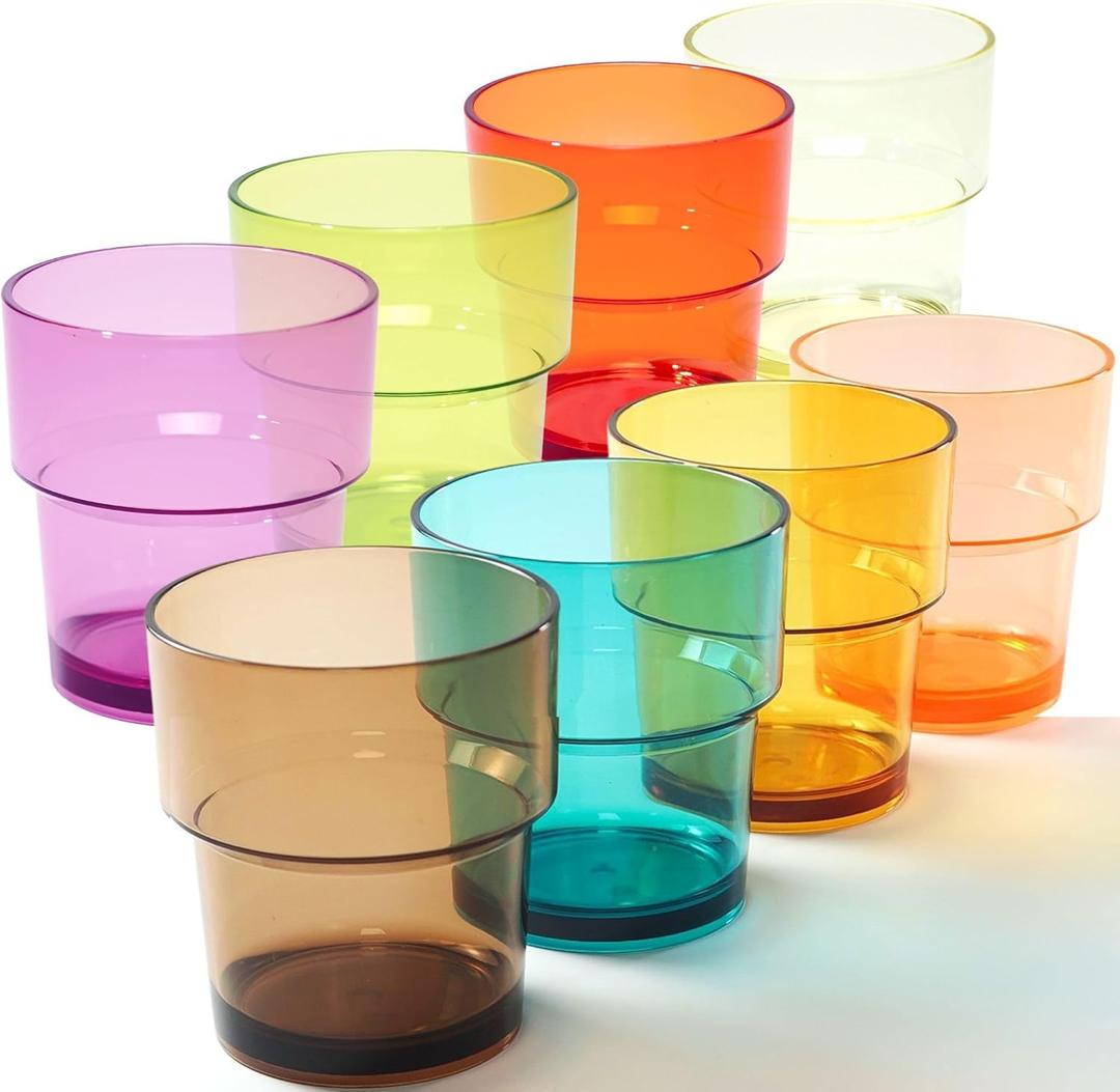 14 oz Plastic Stackable Drinking Tumblers, BPA-Free, Dishwasher Safe, Durable Shatterproof Reusable Kid Cups, Everyday Water/Juice Glasses for Indoor/Outdoor (Set of 8, Gift Box)