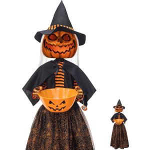 ITART 4.5ft Animated Pumpkin Scarecrow with Candy Bowl Prop Pumpkin Halloween Decorations for Trick or Treat Sound Activated with Lights and Singing