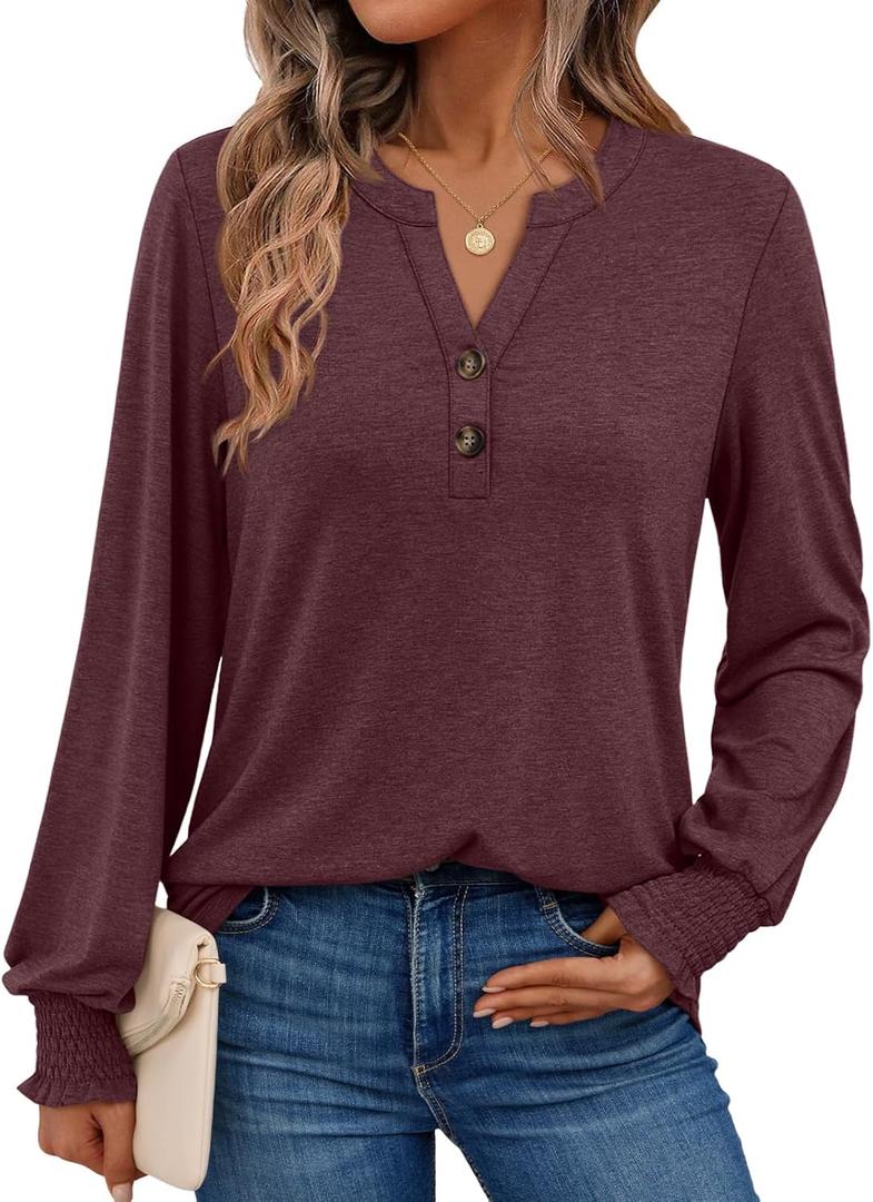 AUTOMET Long Sleeve Shirts Womens Tops Henley Dressy Casual Blouses Fall Outfits 2025 Trendy Loose Fit Comfy Winter Clothes (Red, S)