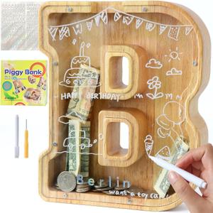 Large Letter Piggy Bank for Kids Boys Girls Wooden Personalized Piggy Banks A-Z with Target Area Clear Alphabet Banknote Coin Banks for Gift Decoration Baptism (B)
