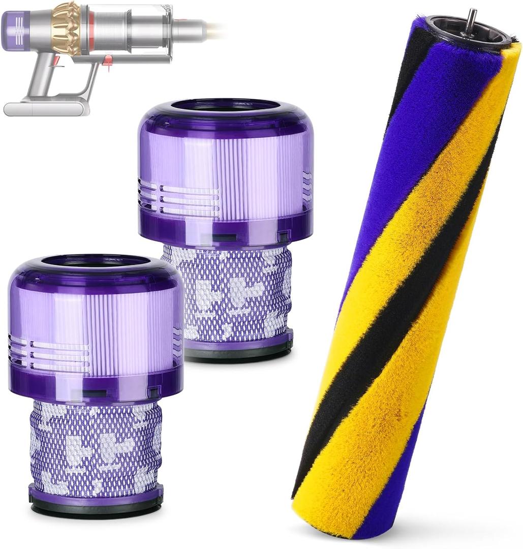 Soft Roller Brush Bar Compatible with Dyson V15 Detect Handheld Vacuum Cleaner, Parts No.971634-01, with 2 Pack V15 HEPA Filters