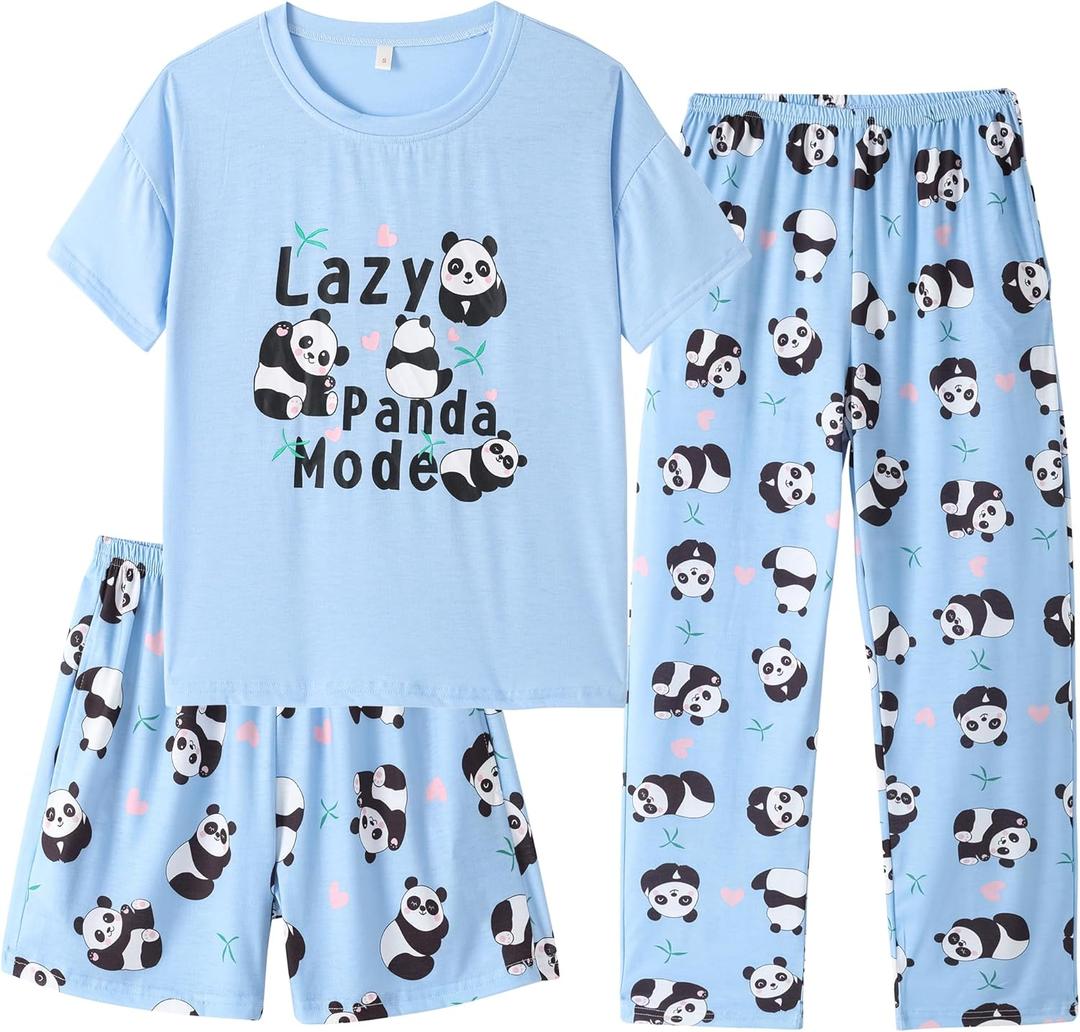 Kids Girls Pajama Sets Summer Short Sleeve With Shorts And Pants 3PCS Sleepwear Cute Cartoon Loungewear (10)
