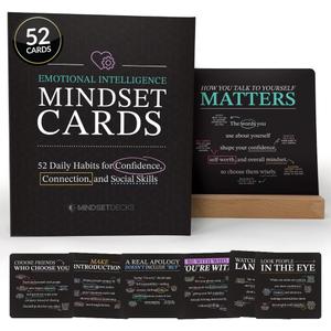 Emotional Intelligence Mindset Cards – 52 Card Deck for Connection & Social Skills – for Kids, Teens & Adults – Includes Wooden Display Stand, Gift for Teachers and Parents