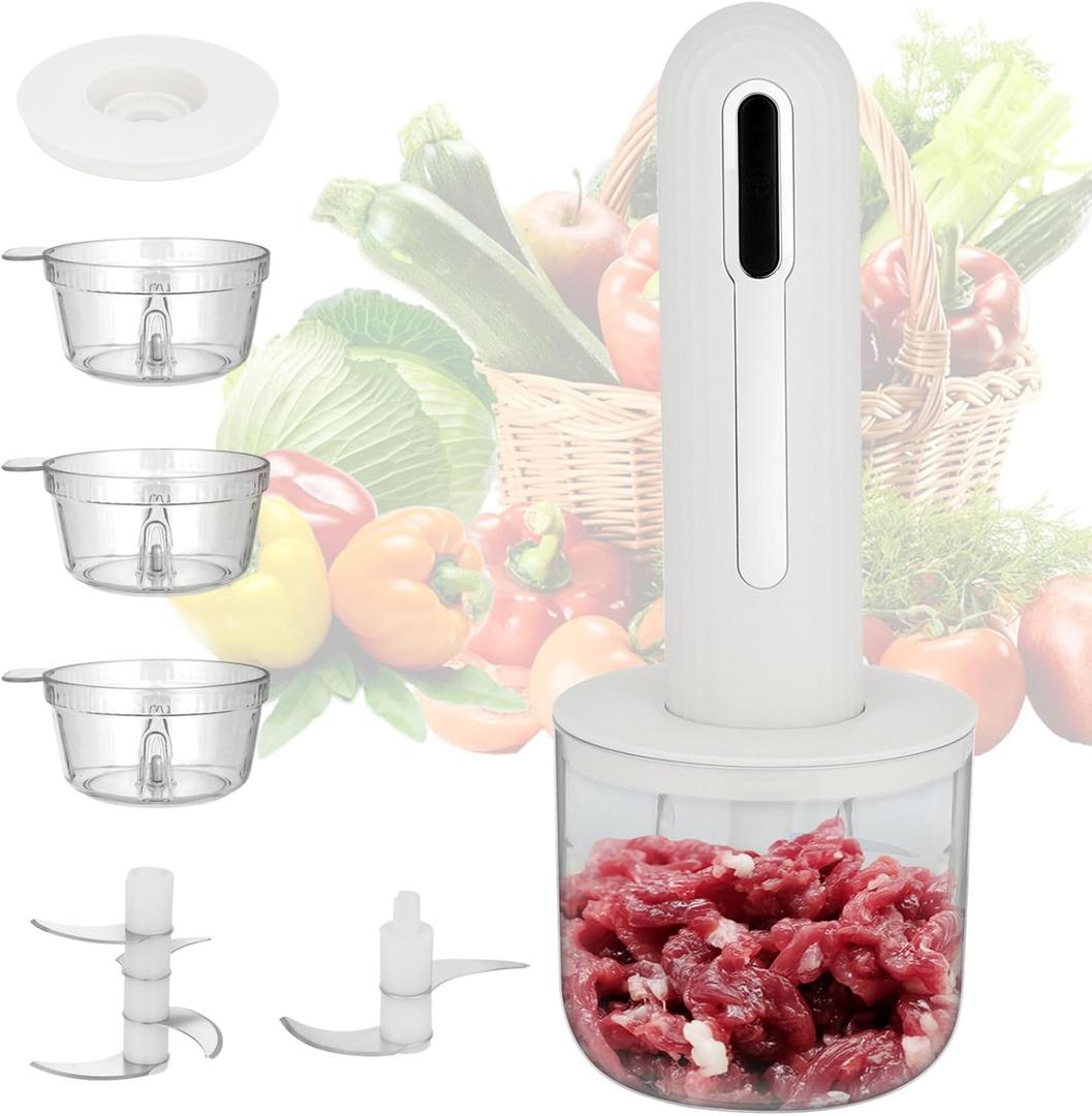 MINI Cordless Food Processor Electric Vegetable Chopper,USB Rechargable Compact Meat Grinder with 4 Cups & 2 Slicers for Baby Food Kitchen,Mincing Pureeing Onion Garlic Chili & Spices(Ivory)