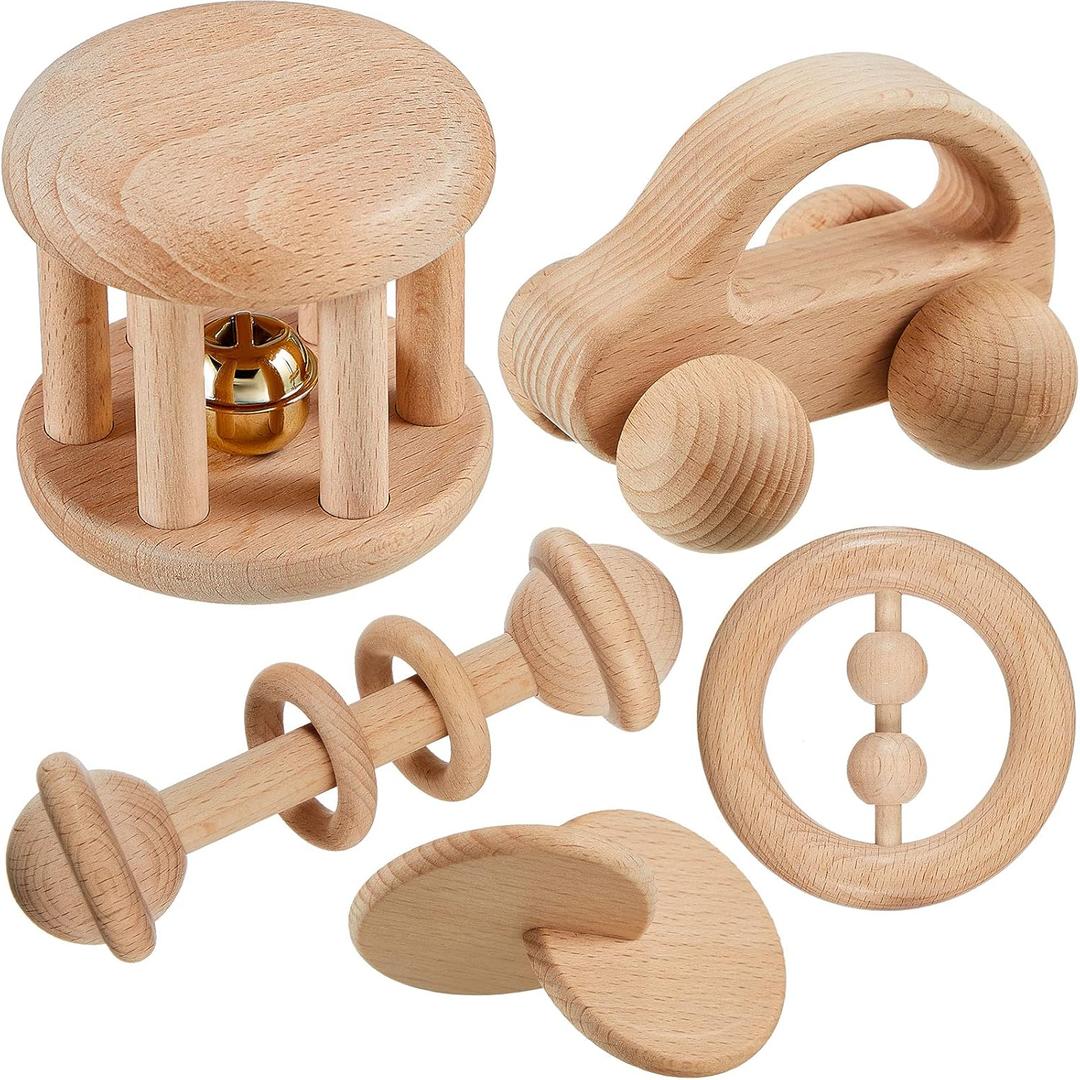 Zhanmai 5 Pieces Wooden Baby Toys Montessori Toys for Babies 0-6-12 Months Toy Rattles with Bells Baby Push Car Wooden Newborn Toy for Toddlers 1-3 Years Old Infant Boys and Girls Gifts