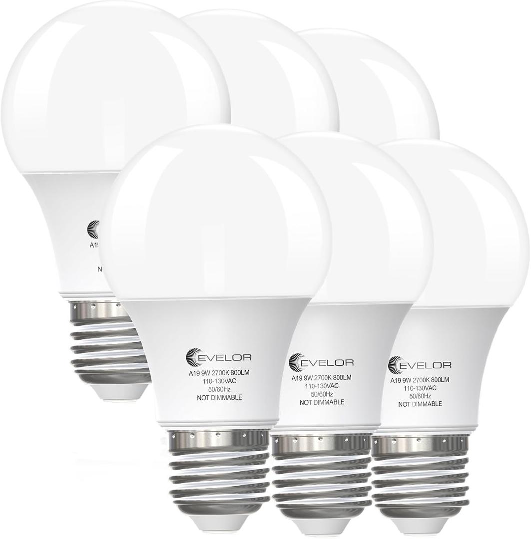 2 x evelor 6-Pack A19 LED Light Bulbs,60 Watt Equivalent Soft White 2700K with E26 Base,Efficient 9W,800 Lumens Non-Dimmable Warm White LED Bulbs,15000 Hours, Ideal for Bedroom Living Room