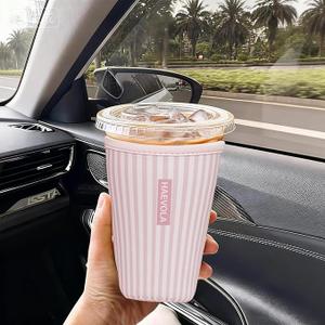 Reusable Insulated Neoprene Iced Coffee Cup Sleeve, Durable Drink Sleeve for Cold Beverages, Beverage Holder for Iced Coffee, Pink Stripes