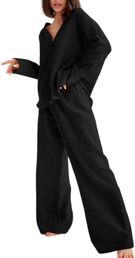 Womens Cotton Gauze Loungewear Sets Casual 2 Piece Sleepwear Button Down Shirt and Wide Leg Pants Outfits (X-Large, Black)