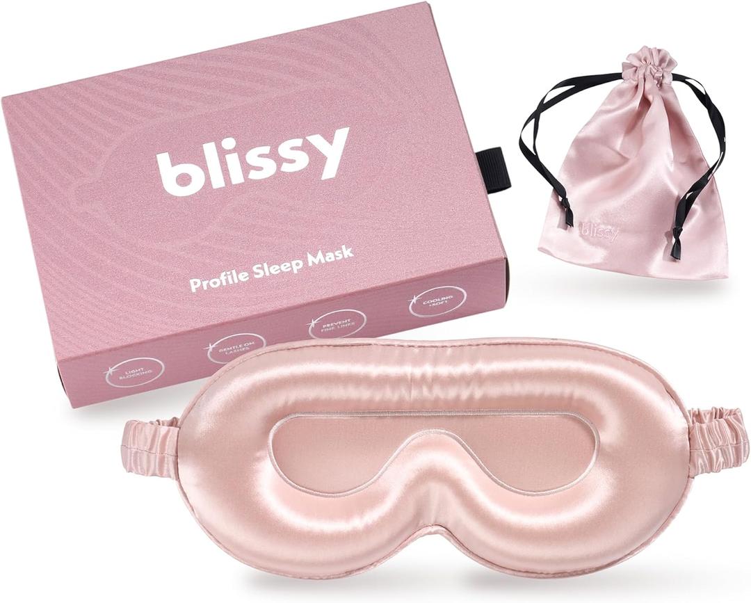 Blissy Silk Sleep Mask Profile - 100% Pure Mulberry Silk 22 Momme 6A Fibers Silk Eye Sleeping Mask for Women & Men for Total Blackout - Blindfold Silk Sleep Mask Side Sleeper Eye Cover (Pink)