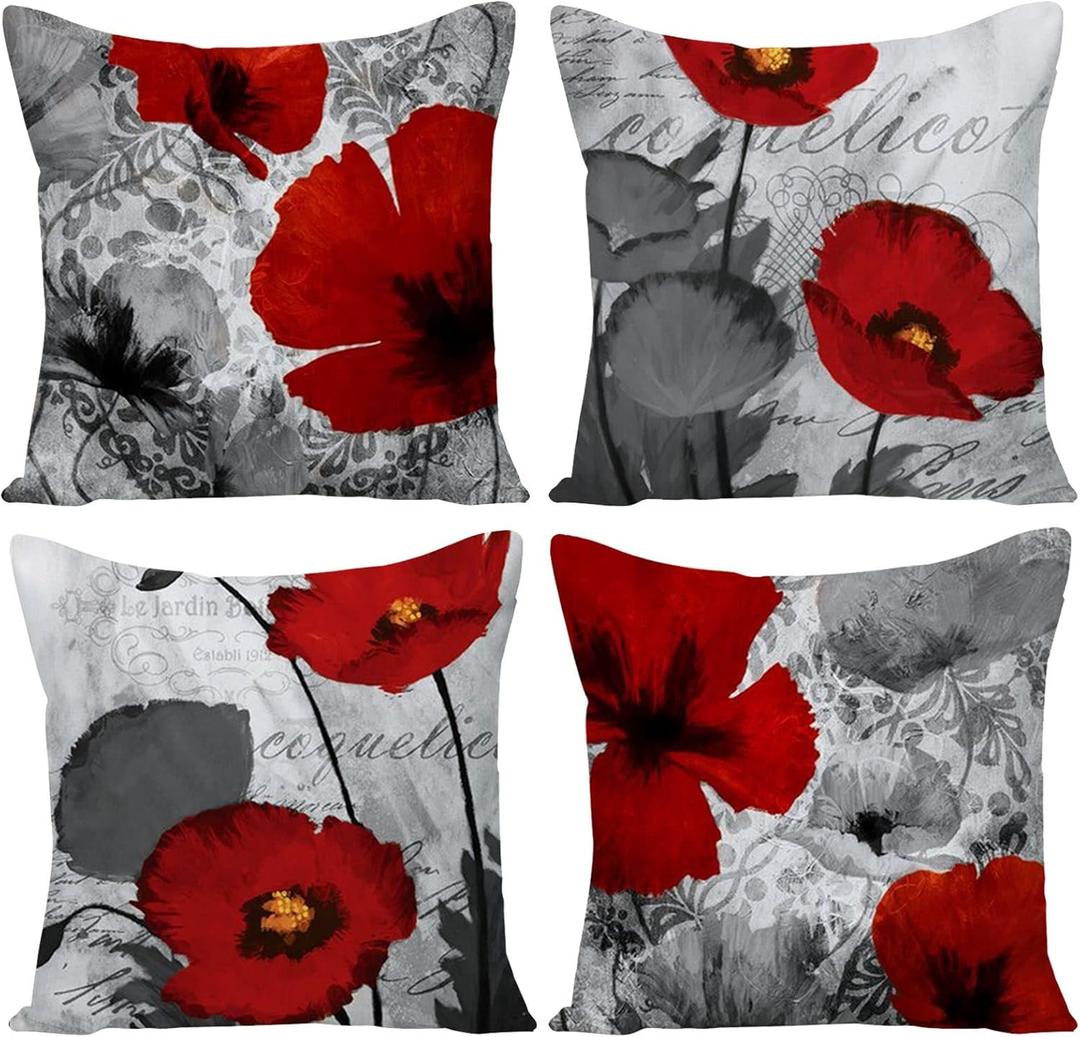 Black Red Flower Pillow Covers Love Pillow Covers Decorative Linen Square Throw Pillow Covers Couple Cushion Cases Home Decor for Sofa Bedroom Car 18x18 Inch