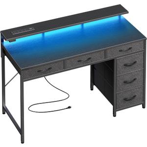 Huuger Gaming Desk with 6 Drawers, Computer Desk with LED Lights Power Outlets and Type-C, 39 Inch Office Desk with Storage, Monitor Stand, Writing Desk Work Desk Home Office, Bedroom, Study, Black