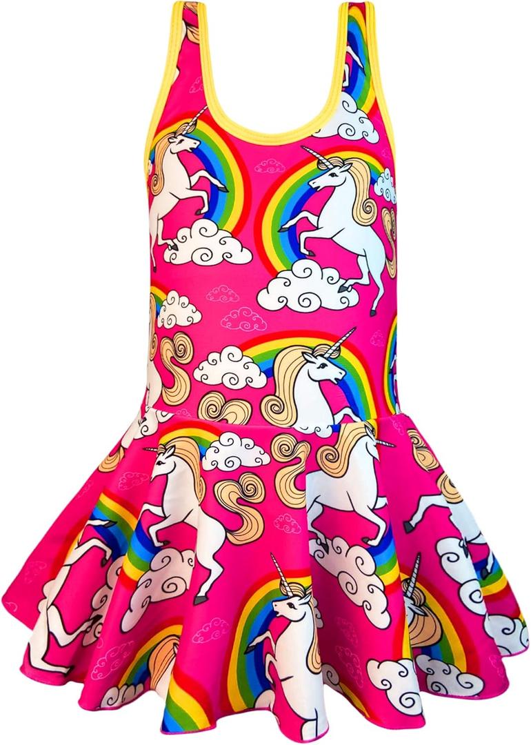 KuKiee Girls One Piece Rainbow Unicorn Swimsuit Stars Print Swimwear Bathing Suit (10-11/ 3XL, Pink Unicorn)
