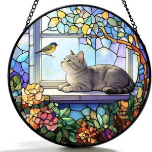 Stained Glass Window Hanging Gray Cat & Bird Design, Suncatcher for Window, for Cat Lovers & Stained Glass and Christmas, Mother's Day Father's Day Birthday