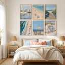 6pcs Coastal Canvas Wall Art Blue Beach Hydrangea Themed Posters Prints Sailboat Bike Flowers beach umbrellas Pictures Wall Decor Ocean View Paintings for Dormitory Apartment Home Decor Unframed, 10"L x 8"W