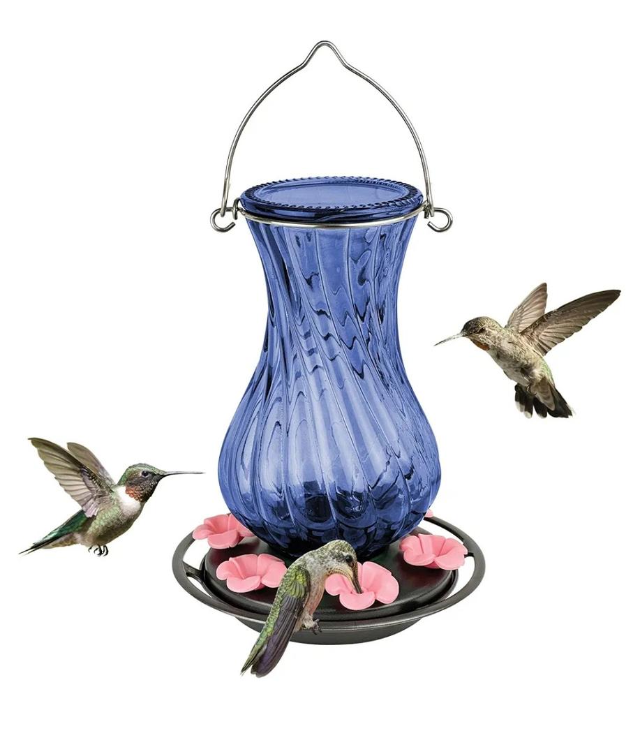 Nature's Way Hanging Glass Hummingbird Feeder for Outdoor Decor, 32 Ounce Capacity Nectar Feeder, 6 Easy to Clean Flexible Pink Ports, Blue