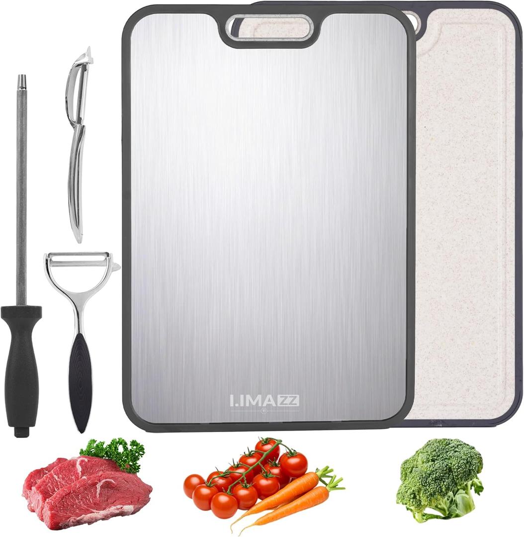Titanium Cutting Boards for Kitchen, New 2026-5-in-1 Pure Titanium & Wheat Straw PP Board with Knife Sharpener and 2 Fruit Peelers, Large 16 x 11 Inch