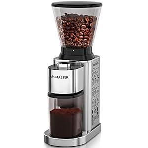 Aromaster Burr Coffee Grinder with 48 Gind Settings, Conical Coffee Bean Grinder for Home Use, Stainless Steel, 40 Seconds Adjustable Timer, Anti-static, Easy to Clean with Brush,  Lunar Silver