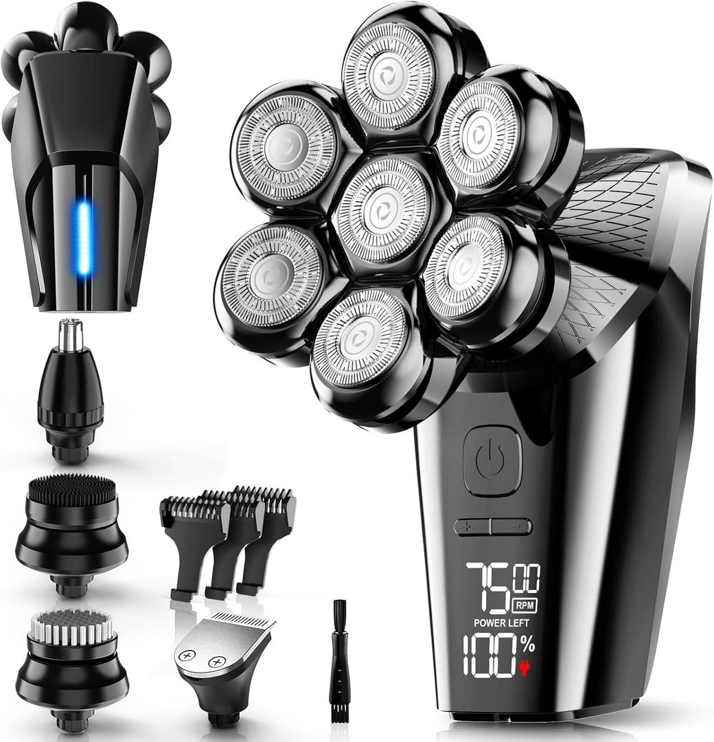 Hexus Detachable Head Shavers, 5-in-1 Electric Razor Grooming Kit, IPX7 Waterproof for Men, Wet/Dry LED Display Rechargeable 7D Rotary Head Shavers, Black