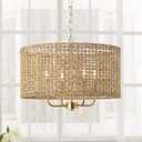 Rattan Drum Chandeliers for Dining Room, 4-Light Bohemian Hand-Woven Farmhouse Pendant Light Dining Room Light Fixture Chandelier for Entryway Living Room Kitchen Stairway Bedroom Hallway(Gold)