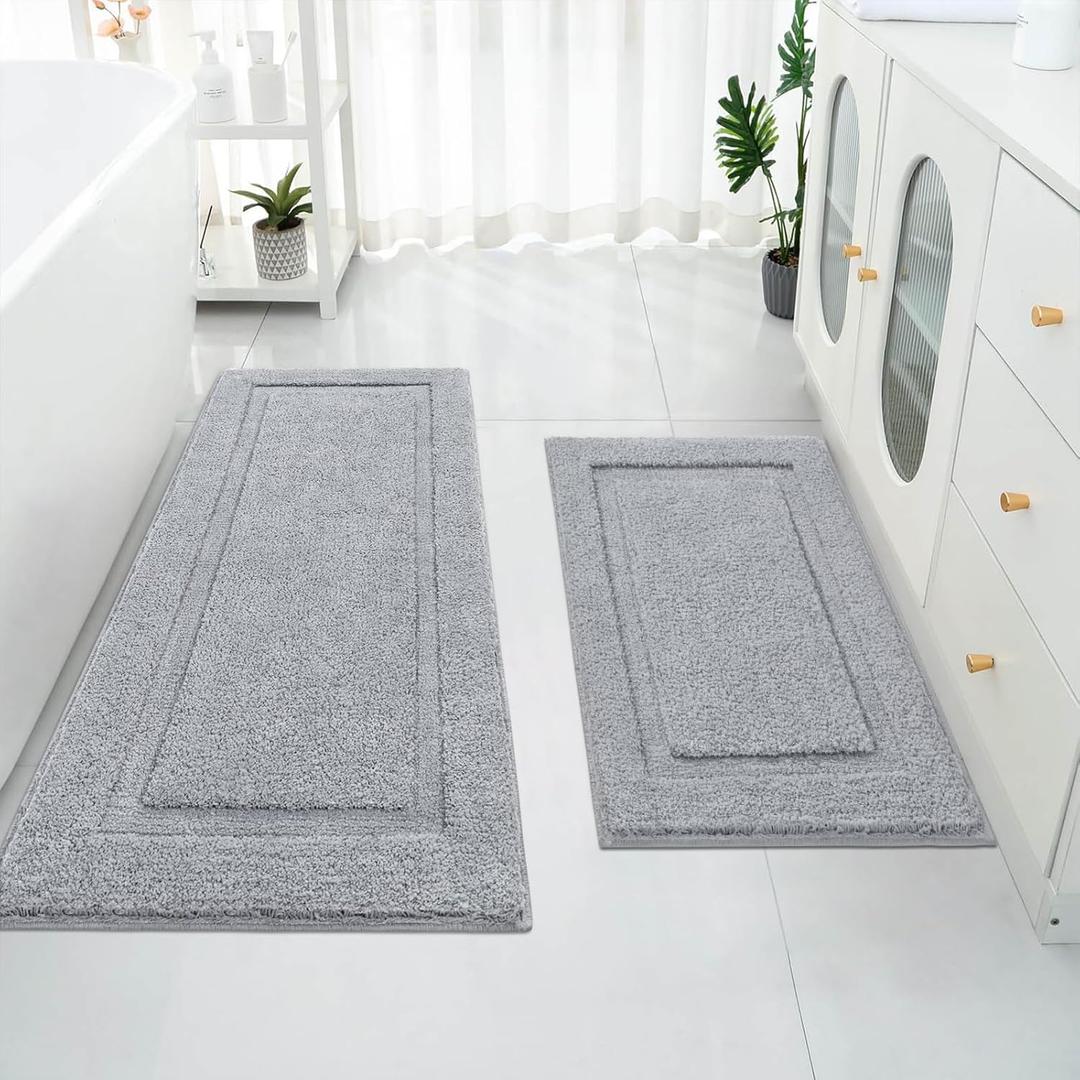 SHACOS Super Soft Bathroom Rugs Set of 2 Pieces with Bath Runner 20x32 + 20x47 inch Bath Mats Non Slip Plush Bath Rug Runner Absorbent Bathroom Carpet Machine Wash Dry, Light Grey
