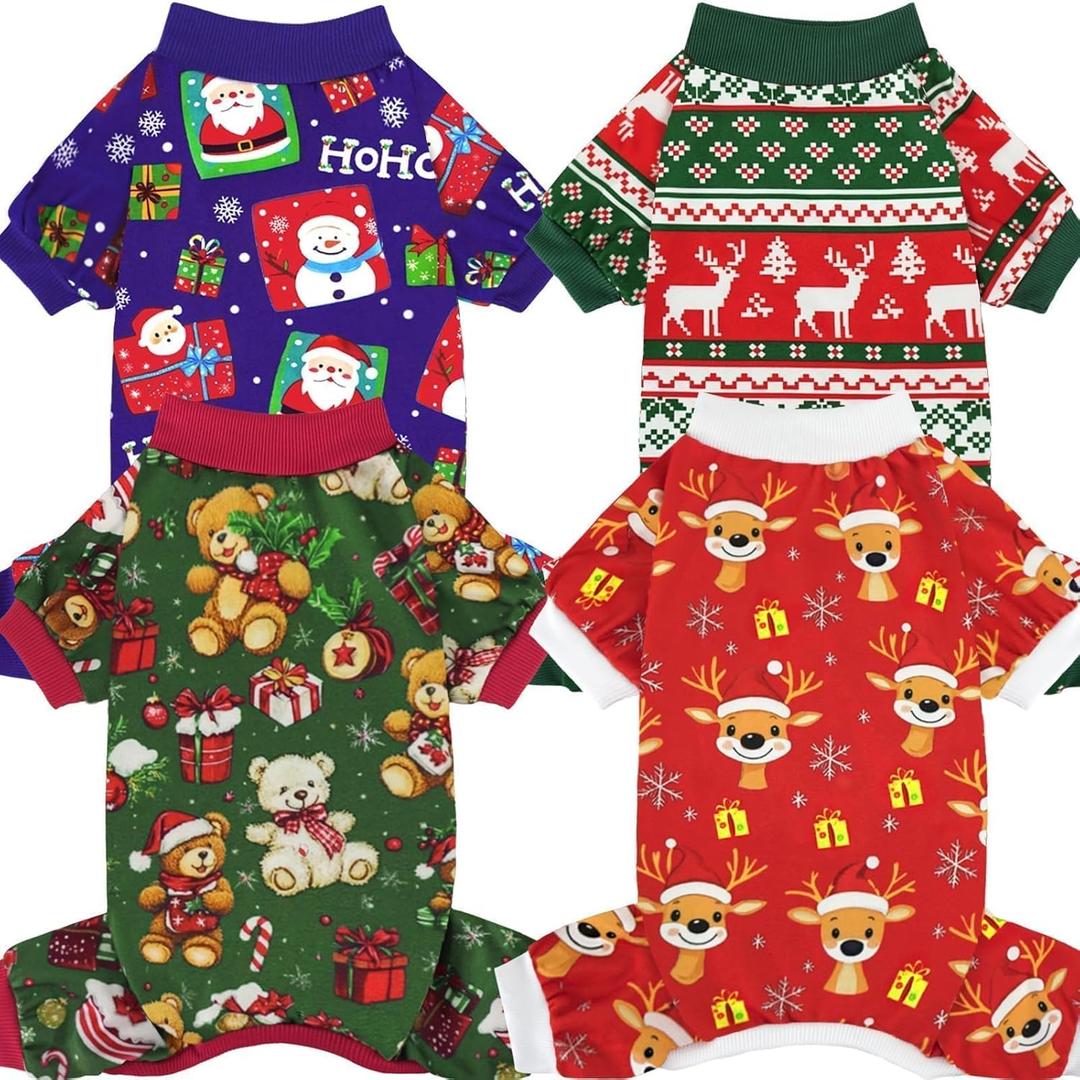 Xpudac 4 Pack Dog Christmas Pajamas Reindeer Puppy Clothes Cute Santa Claus Dog Pajamas Costumes Outfit Red Green Small (Small(Chest-14" Back-10" Neck-9.5"))