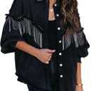 Daacee Oversized Fringe Denim Jacket for Women Frayed Sparkly Tassel Jean Shacket Cowgirl Western Country Concert Outfits (Small, Black)