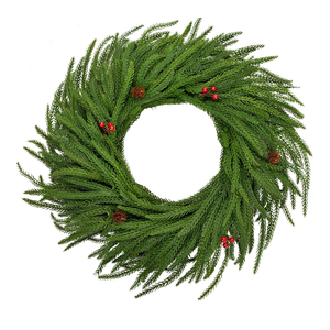Hollyone 16" Real Touch Norfolk Pine Wreath for Front Door Small Artificial Winter Pine Plant with Red Berry Pinecone Greenery Christmas Wreath Window Walls Xmas Decor Indoor Outdoor Home Decoration