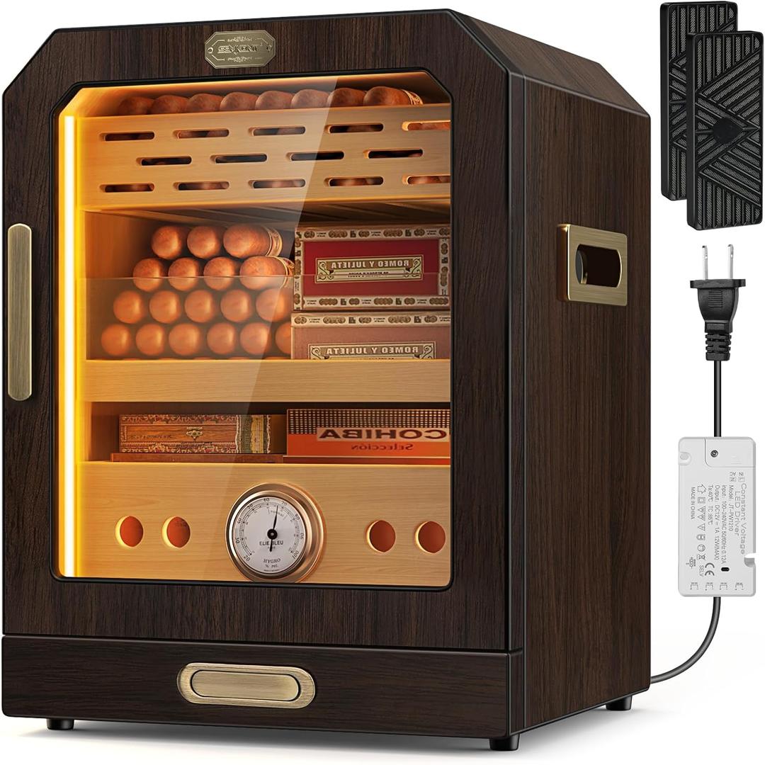 Humidor, Lighted Control Magnetic Door Desktop Humidor Cabinet,with  Accessory Drawer and 2 humidifiers 3 Layer Large Capacity Humidor,Hold 100-150 Cigars (Brown)