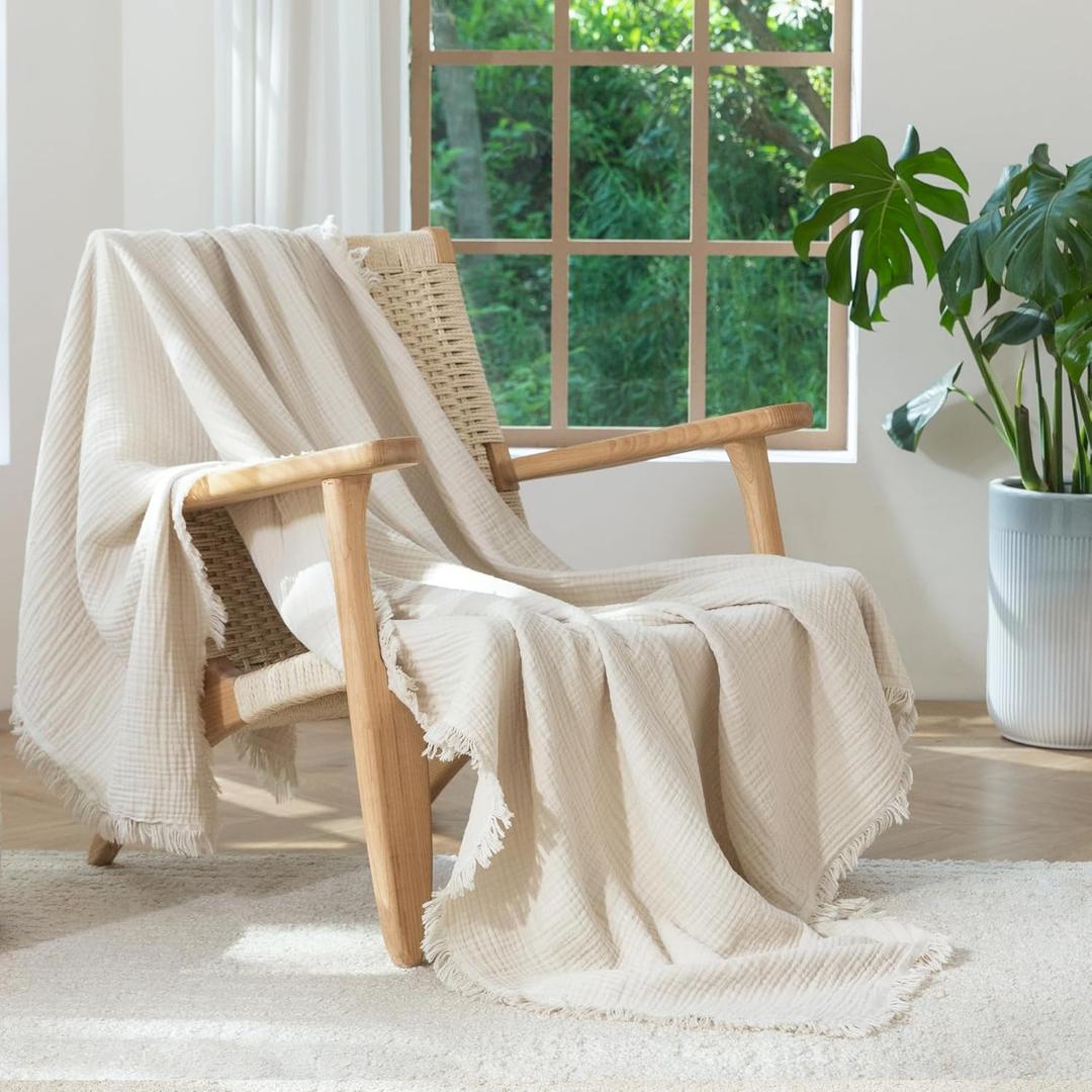 MooMee Muslin Blanket - 100% Cotton 4-Layer Gauze Throw Blanket with All-Around Fringe, Soft Breathable Lightweight Cooling Summer Blankets for Bed Couch (Beige,Twin XL 66" x 90")