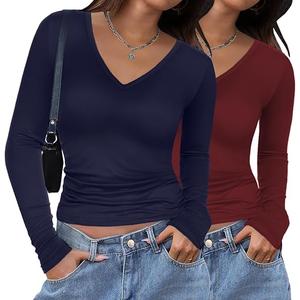 Women 2 Pack Long Sleeve Shirts V Neck T Shirts Casual Thermal Tops Slim Fit Basic Tight Tees Going Out Top, Maroon Navy Blue XL