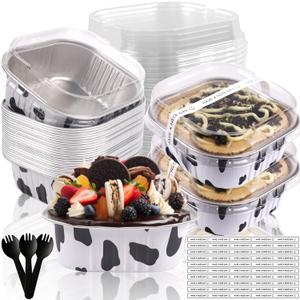 10oz Mini Cake Pans With Lids 50 Pack Aluminum Foil Square Brownie Baking Cups,4x4" Disposable Loaf Pans With Lids and Spoons Stickers,Large Cupcake Pans Muffin Cake Tins Container(Cow Print)