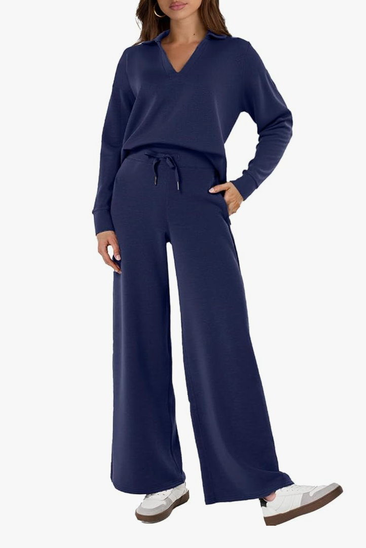 Glamaker Women's 2 Piece Sets Outfits Casual Long Sleeve Sweatsuits Polo Top and Wide Leg Pants Matching Sets, XL
