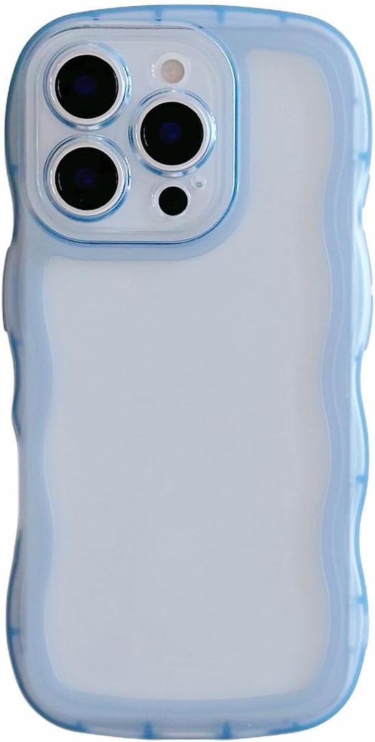 Cute Case for iPhone 16 Pro Max 6.9 Inch, Wave Frame Shape Soft Silicone Shockproof Protective Slim Phone Cover for Women Girls, Clear/Blue