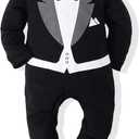 Kimocat Baby Boy Romper Tuxedo Jumpsuit Gentleman One-Piece Button-Down Bowtie Wedding Suit Bodysuit (6-12 Months)