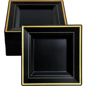 JOLLY CHEF 60 Pack Halloween Birthday Plastic Plates- Square Gold Plastic with Elegant Gold Rim 9.5 Inch Black Disposable Plates for Wedding, Birthday, Halloween and Party