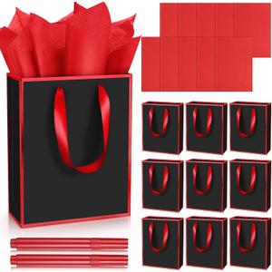 Yeaqee 10 Pack Metallic Paper Gift Bags with Handle Tissue Paper Thank You 5 Senses Gift Bag for Birthday Wedding Baby Shower Groomsmen Bridal Graduation Party Favor 9 x 7 x 3.15''(Black,Red)
