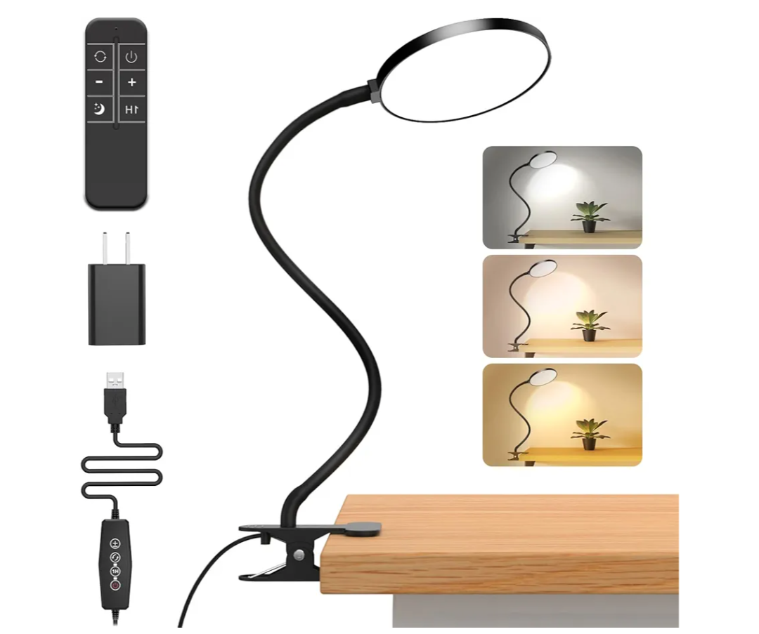 iFalarila Reading Light with Remote, LED Desk Lamp Clip on [1H Timer & Nightlight] RA>95 Dimmable Flexible Gooseneck, Reading Lamp with Clamp for Table - 4.7'' (Adapter Included)