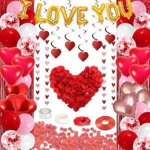Guudmua 72 Pcs Valentines Day Decor Kit, Happy Anniversary Decorations - Balloon Set, 1000 Pcs Dark-Red Rose Petals, "I LOVE YOU" banner, Multi Decors For Romantic Decorations Special Night